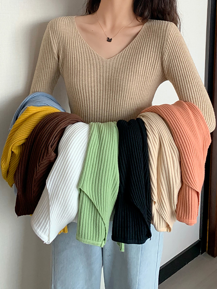 Ribbed Knit Sweater - 2026 Basic B-neck Solid Autumn Winter