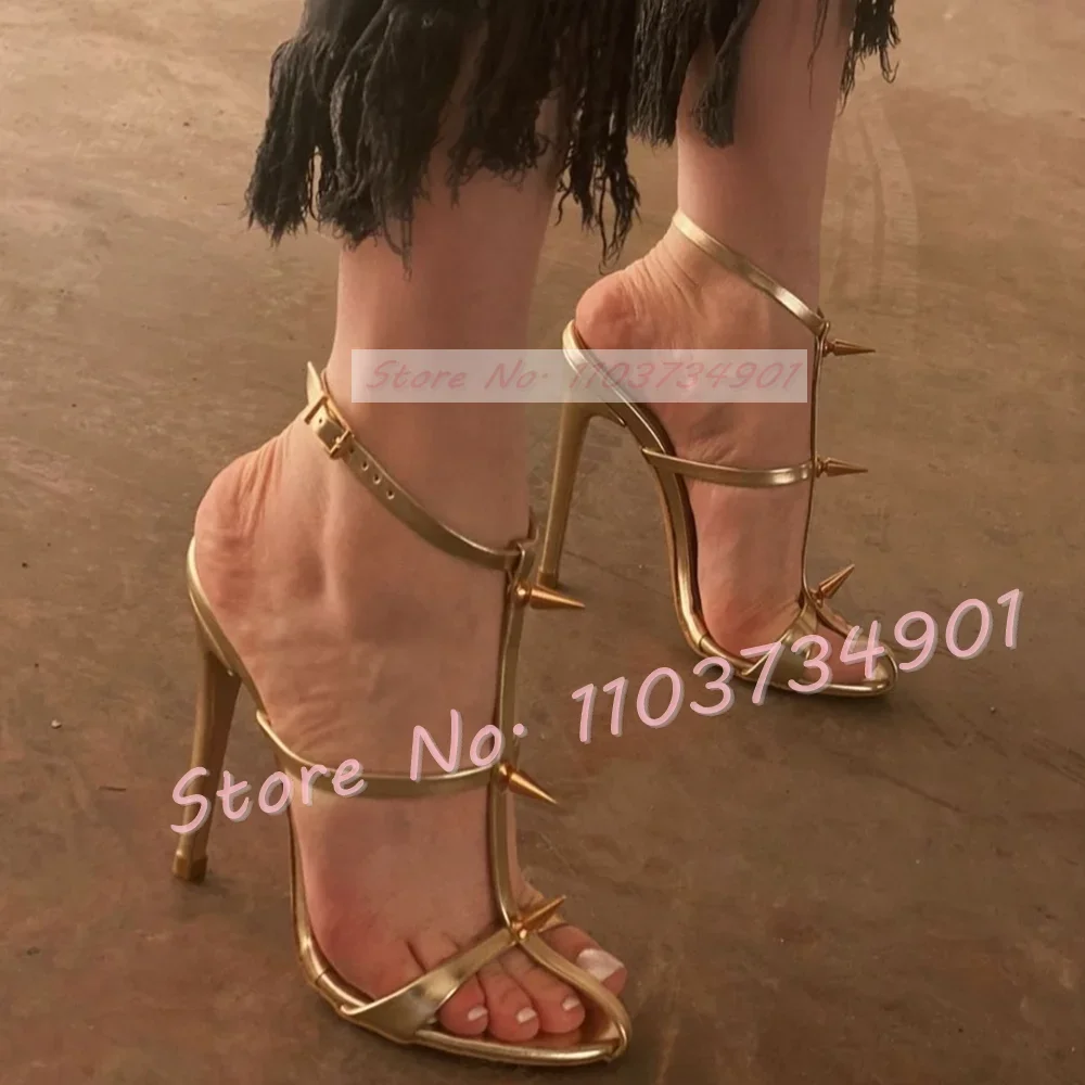 Women'S Fashion Belts - Gold Metal Rivets Ankle Strap Sandals