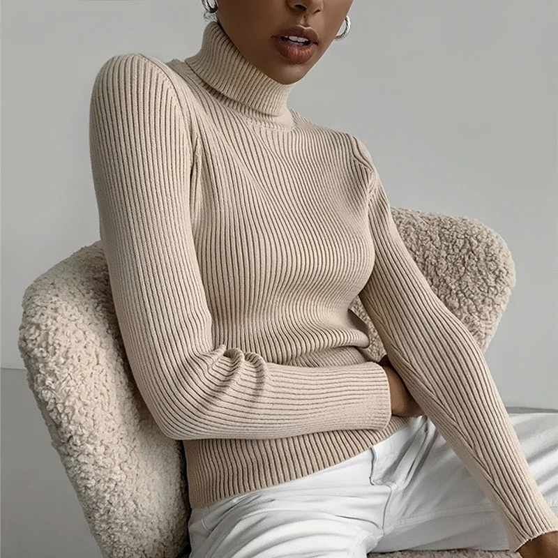 Ribbed Knit Sweater - AOSSVIAO 2026 Basic Mock Neck Ribbed