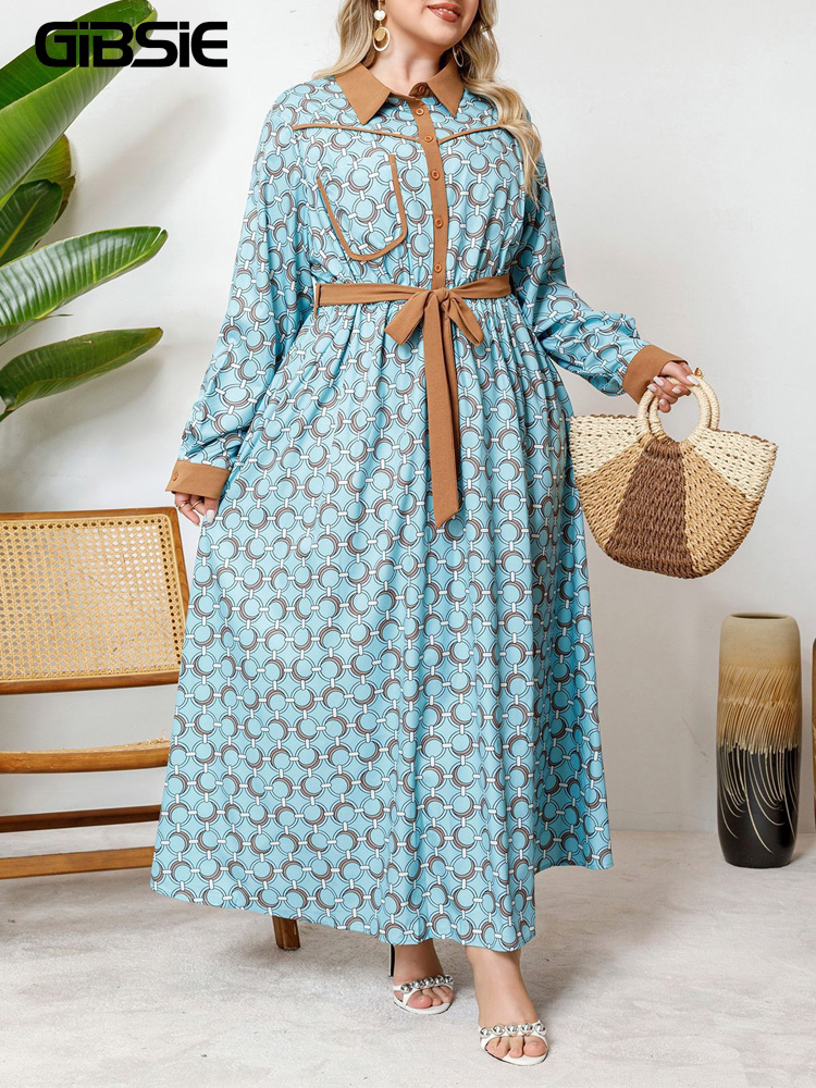 Belted Shirt Dress - GIBSIE Plus Size Half Button Print