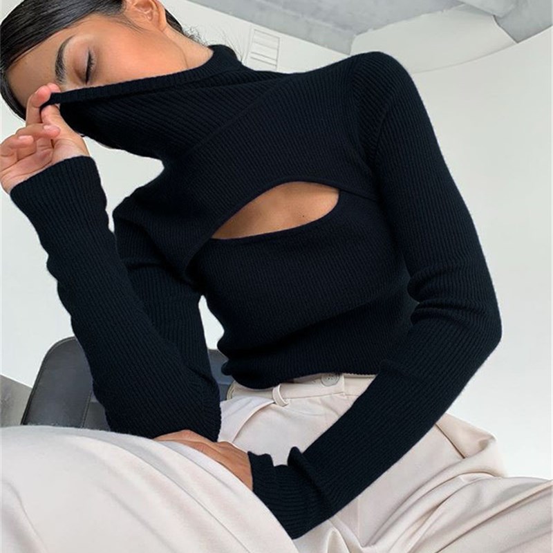 Ribbed Knit Sweater - Ribbed Knitted Turtleneck Top Women Hollow