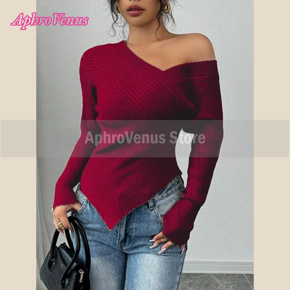 Ribbed Knit Sweater - Asymmetric V-Neck Off-Shoulder Ribbed Knit Sweater