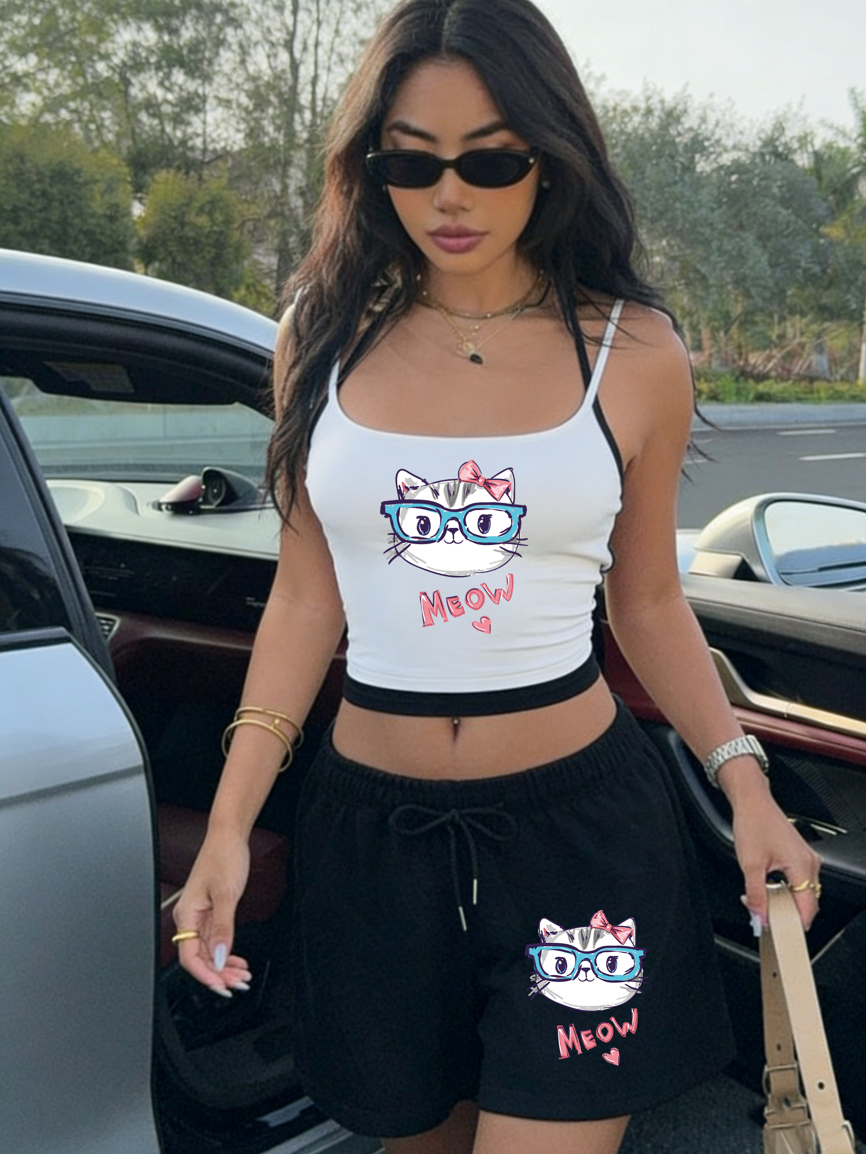 Crop Top Women - Meow Cute Bow Cat Print Crop