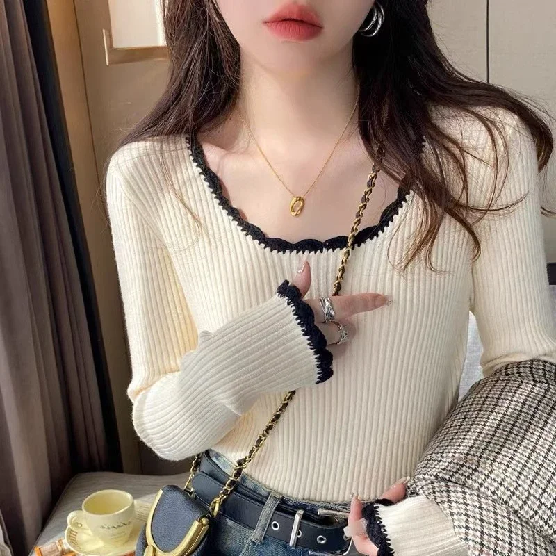 Ribbed Knit Sweater - Women Rib Knit Top with Overlocked