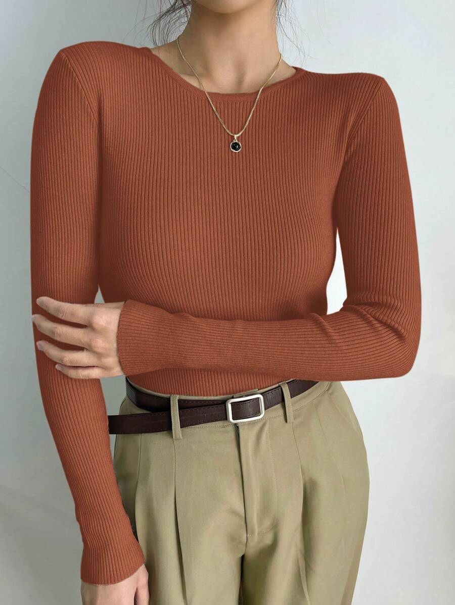 Ribbed Knit Sweater - Business Casual Solid Color Slim Fit