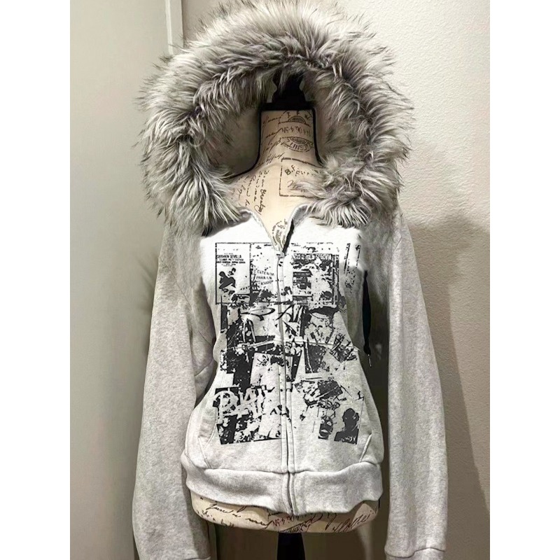 Grey Faux Fur Wool Double Zipp - Women'S Fashion Zip Up Hoodies reseña y precio
