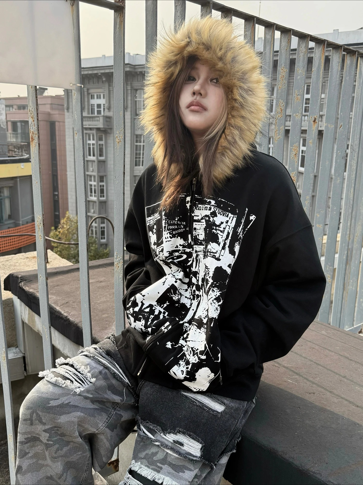 Grey Faux Fur Wool Double Zipp - Women'S Fashion Zip Up Hoodies reseña y precio