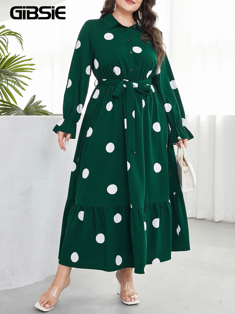 GIBSIE Plus Size Polka Dot Hal - Belted Shirt Dress reseña y precio