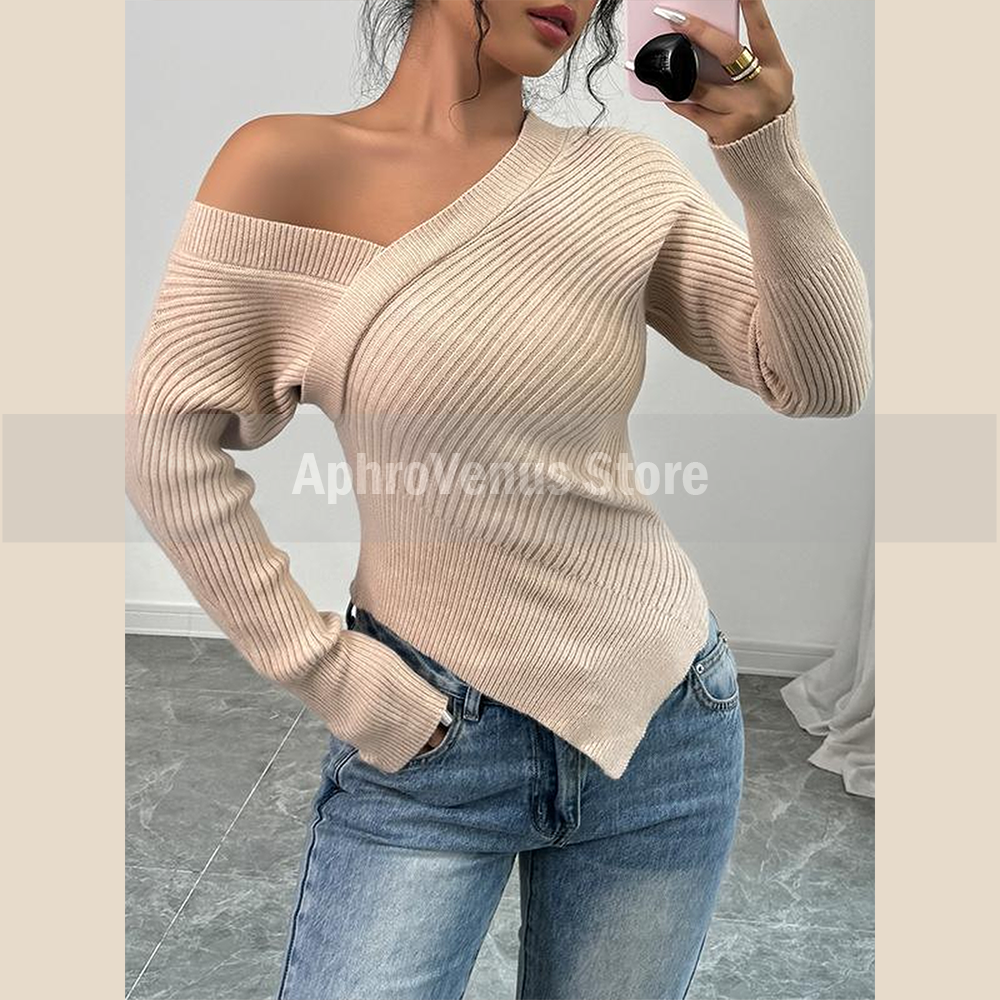 Asymmetric V-Neck Off-Shoulder - Ribbed Knit Sweater reseña y precio