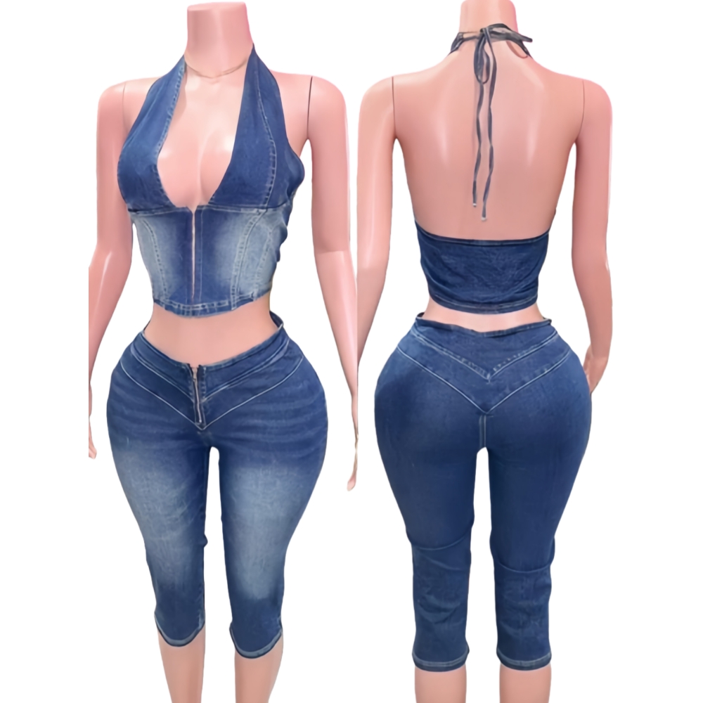 HLJ&GG Blue Fashion Denim Halt - Women Fashion Jeans Top reseña y precio