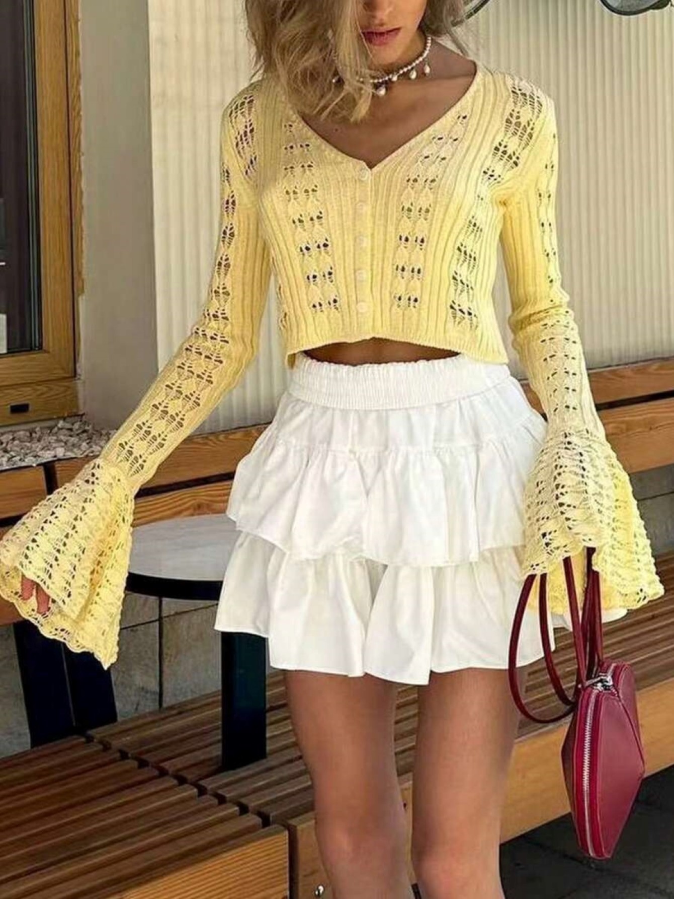 Womens Yellow Crochet Knit Fla - Crop Top Women reseña y precio