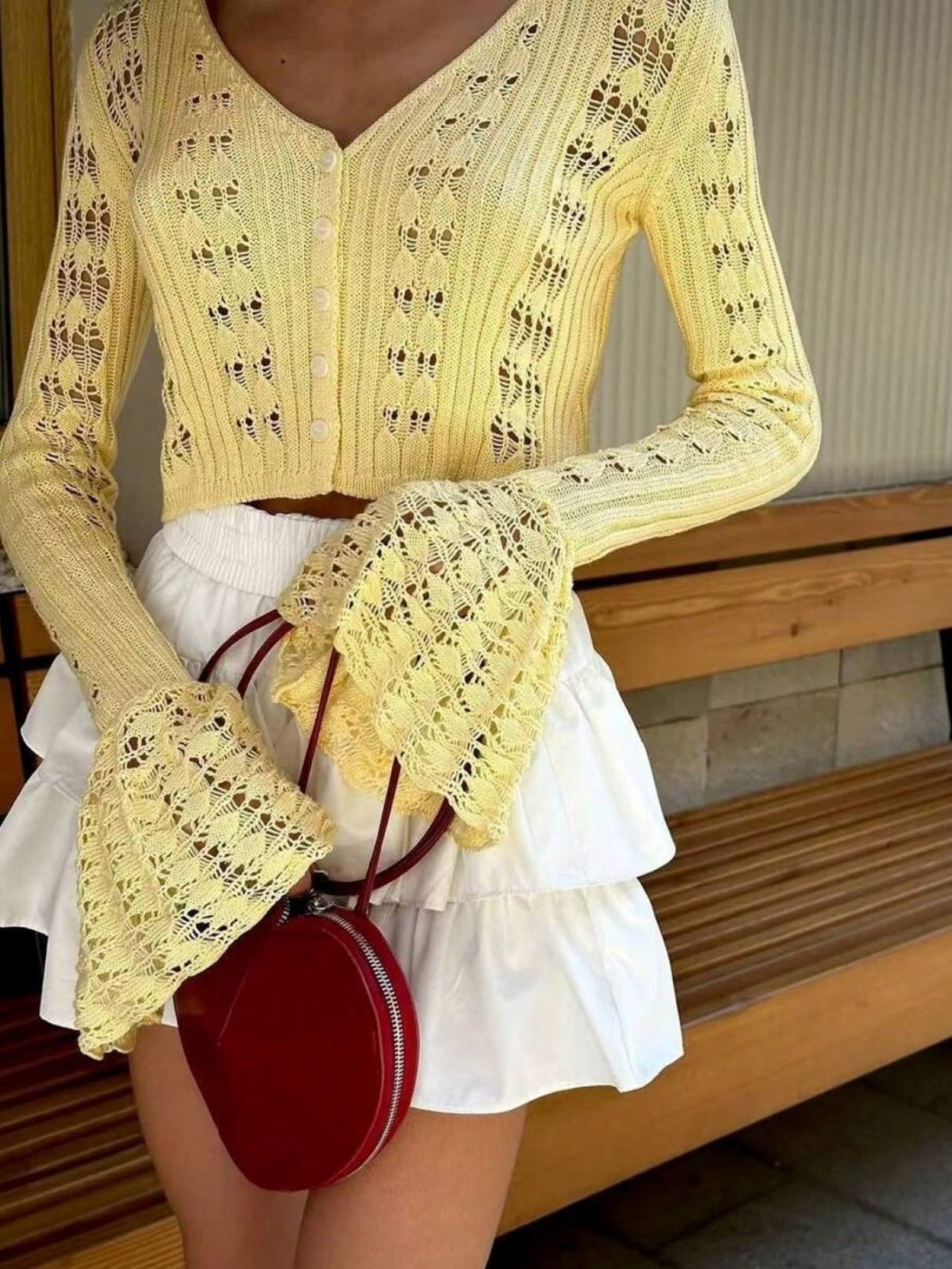 Womens Yellow Crochet Knit Fla - Crop Top Women reseña y precio