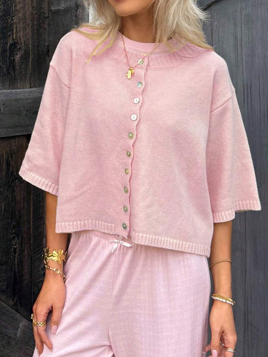 Women Short Sleeve Cropped Car - Ribbed Knit Sweater reseña y precio