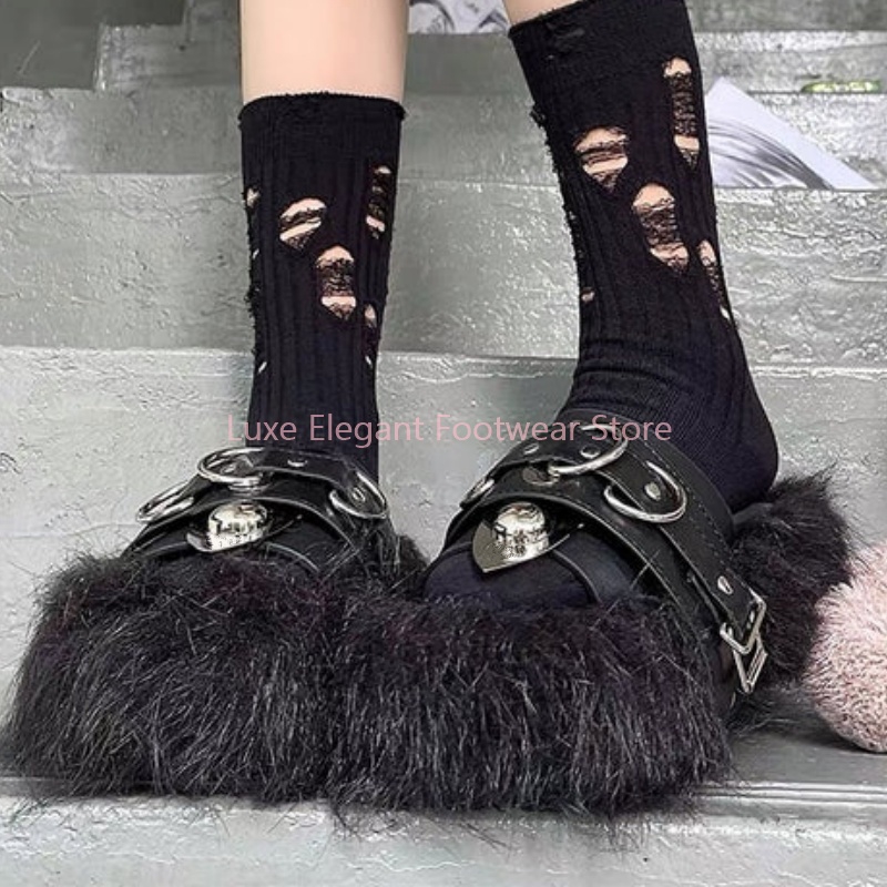 Black Furry Platform Belt Buck - Women'S Fashion Belts reseña y precio