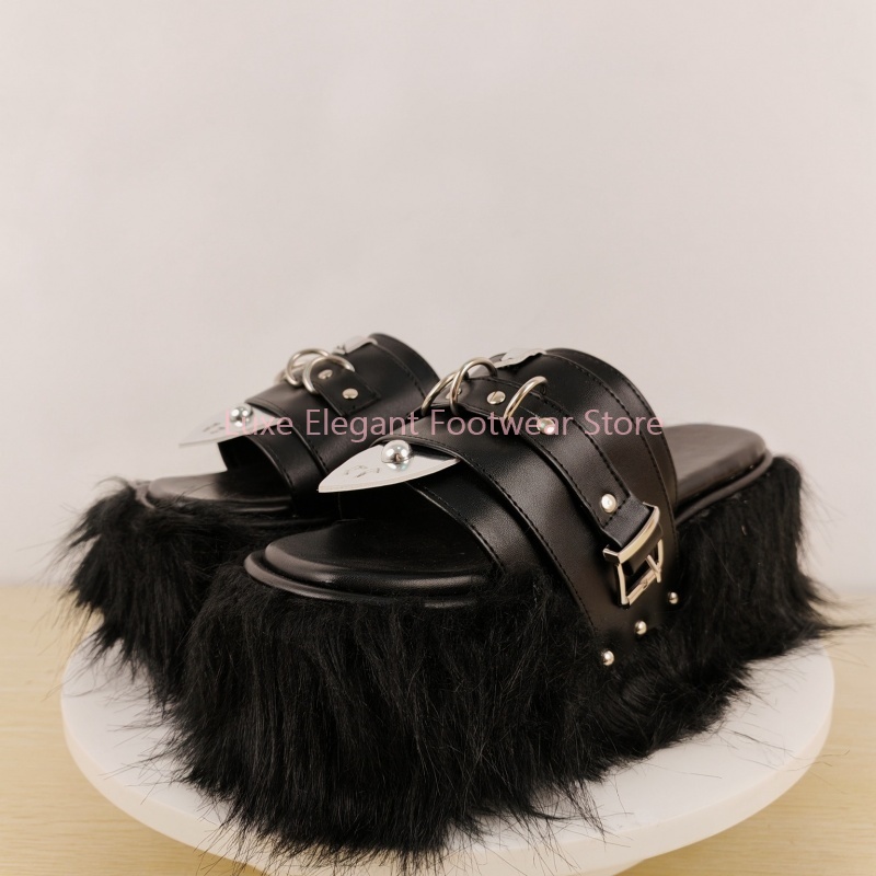 Black Furry Platform Belt Buck - Women'S Fashion Belts reseña y precio