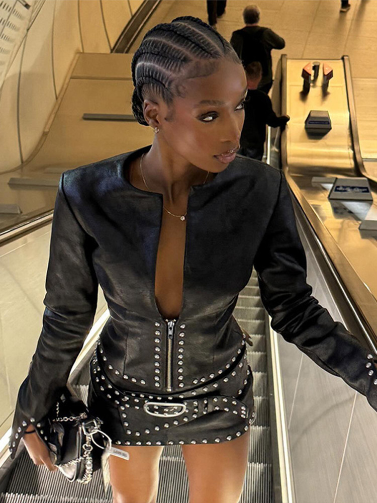 Y2k Leather Skirt Set Women Ri - Belted Shirt Dress reseña y precio