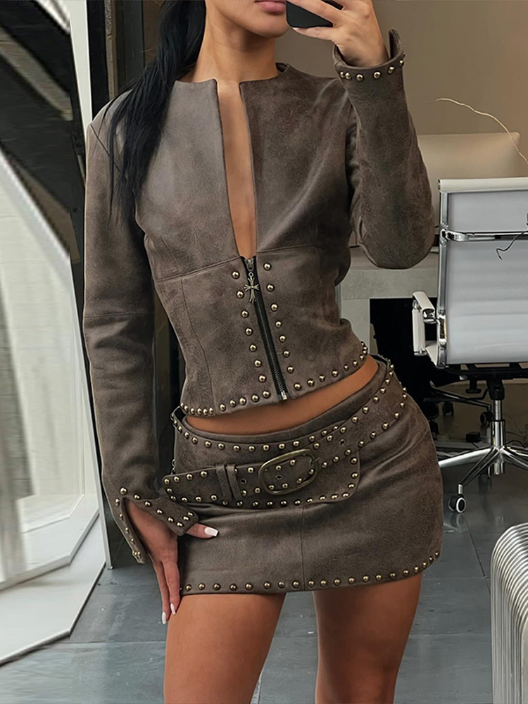Y2k Leather Skirt Set Women Ri - Belted Shirt Dress reseña y precio