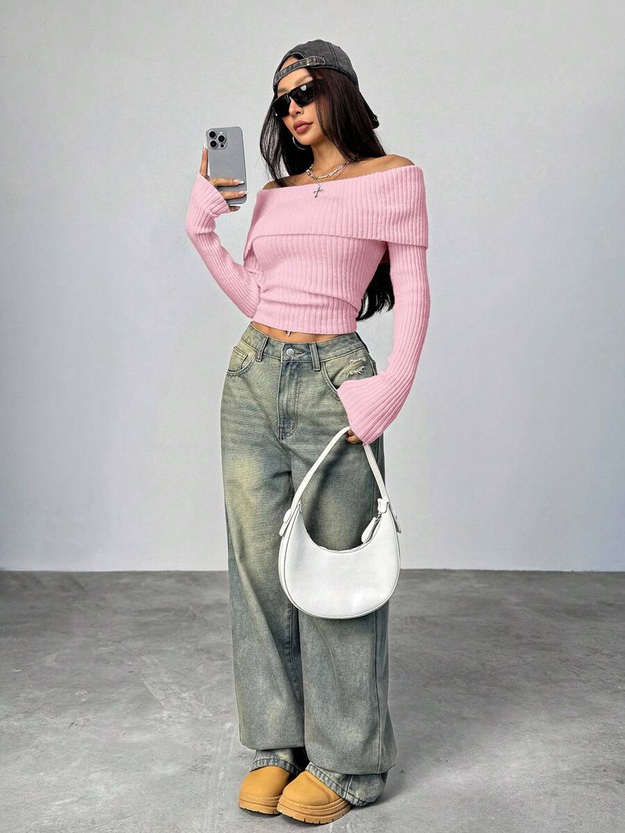 Women Off Shoulder Ribbed Knit - Ribbed Knit Sweater reseña y precio